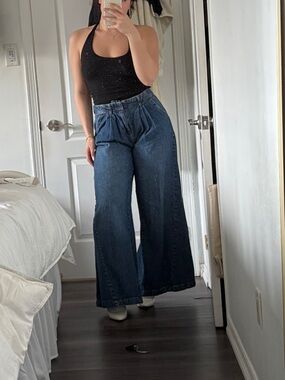 Free People Dark Blue High-Rise Wide Leg Jeans